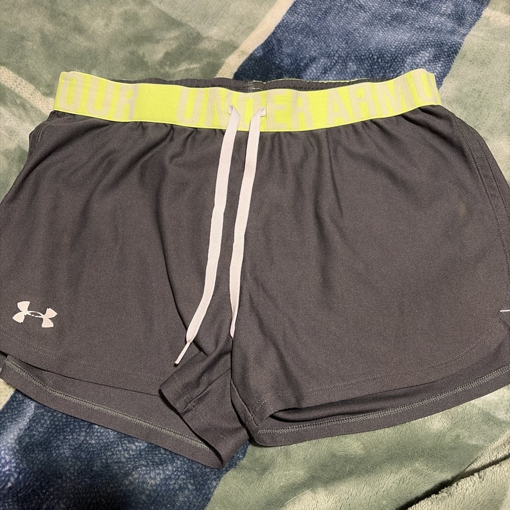 Under Armour Women's Gray Athletic Shorts with Neon Yellow Waistband